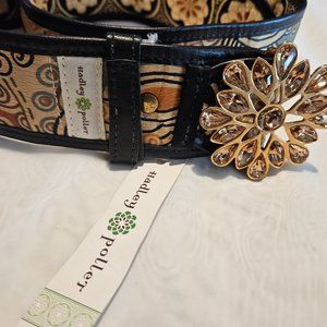 Hadley Pollet Reversible Belt Fabric Black Cream Starburst Jewel Buckle 38.5